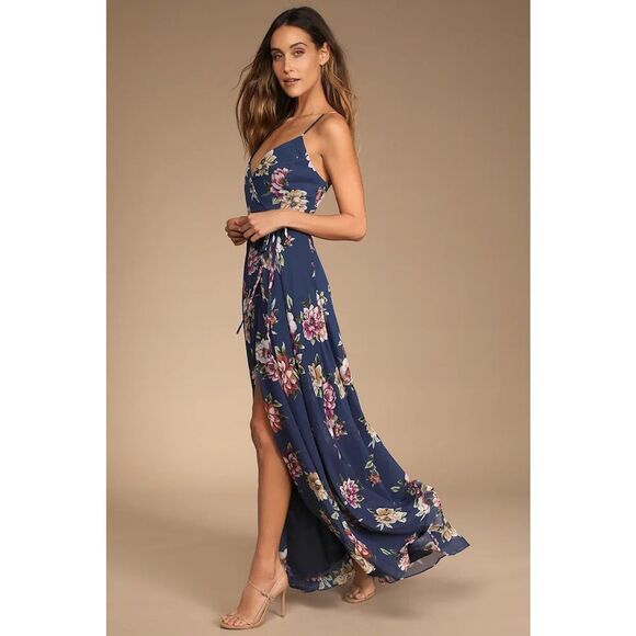 Lulus Always There For Me Navy Blue Floral Print Wrap Maxi Dress - Picture 2 of 8